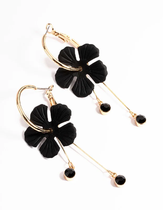 Elegant gold earrings for women-Black Flower Diamante Hoop Earrings