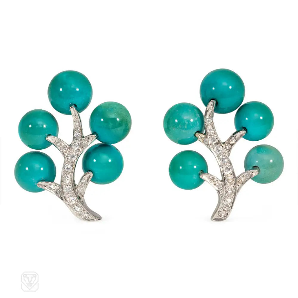 Elegant earrings with ruby stones-Turquoise and diamond earrings, Ostier