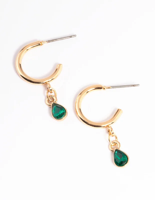 Stunning diamond stud earrings-Green Teardrop Stone Drop Huggie Earrings