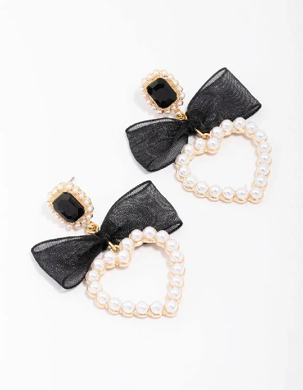 Classic earrings with square diamonds-Gold Pearl Bow Heart Drop Earrings