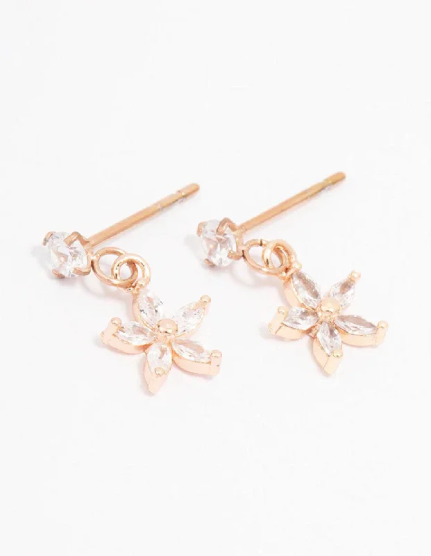 Elegant drop earrings with citrine-Rose Gold Plated Surgical Steel Cubic Zirconia Flower Drop Stud Earrings