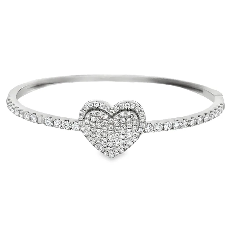 Unique bracelets with charm designs-Heart Moissanite Iced Out Bangle .925 Sterling Silver