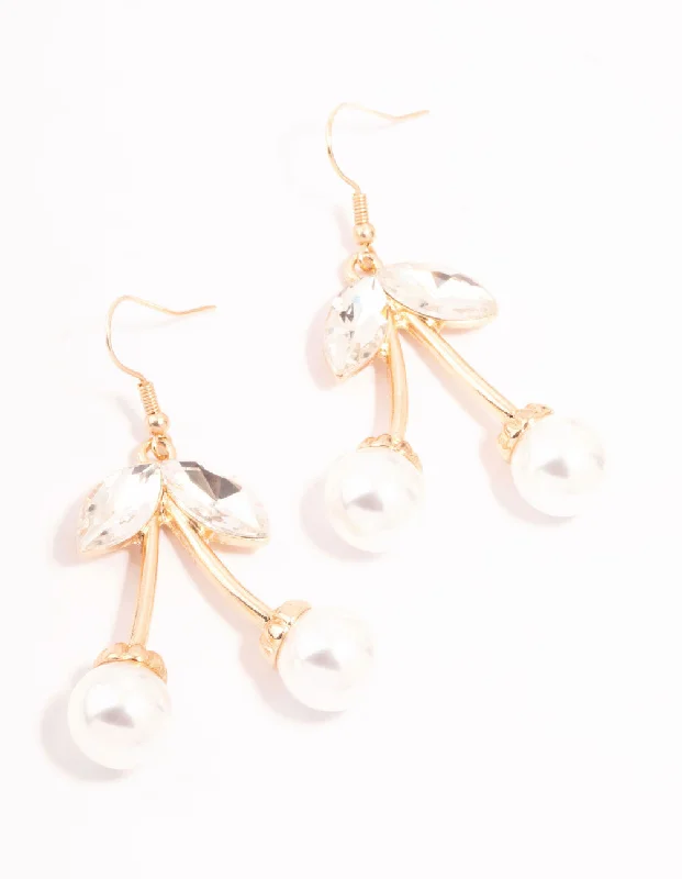 Simple earrings with diamonds-Gold Diamante Pearl Cherry Drop Earrings