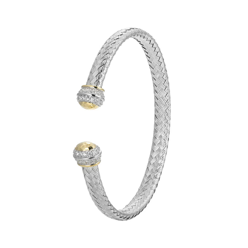 Classic pearl bangles for brides-Sterling Silver Classic Mesh Cubic Zirconia Cuff Bangle Rhodium and Yellow Gold Finish