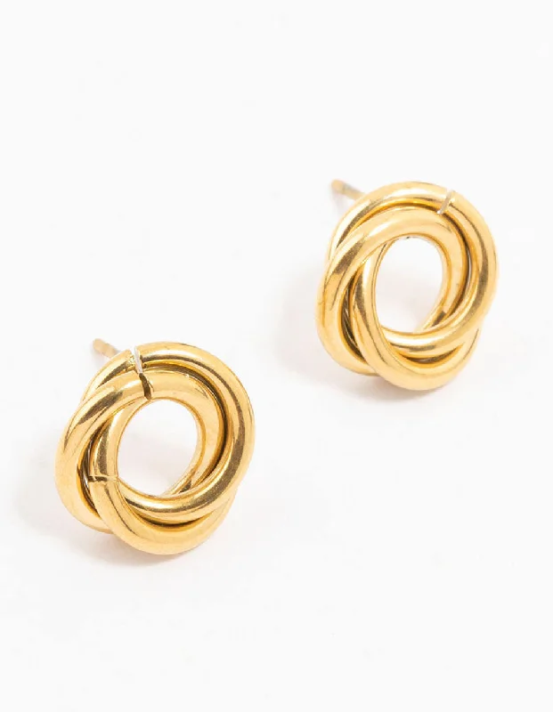 Unique earrings with topaz stones-Waterproof Gold Plated Stainless Steel Knotted Doughnut Stud Earrings