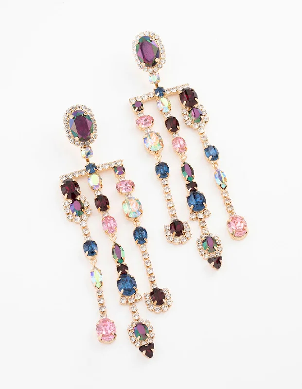 Statement earrings with multi-colored gemstones-Gold Mixed Triple Stone Drop Earrings