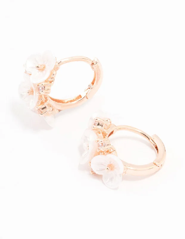 Statement earrings for women-Rose Gold Plated Pearl Flower Trio Hoop Earrings