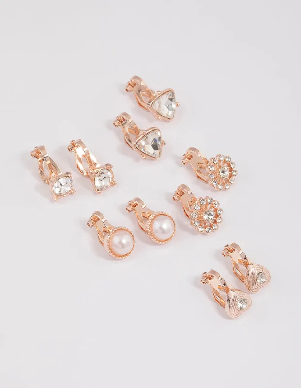 Trendy earrings with chain designs-Rose Gold Heart & Flower Clip On Earrings 5-Pack