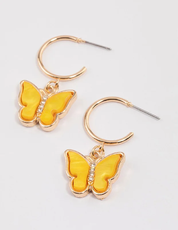 Custom-made earrings with initials-Yellow Acrylic Butterfly Huggie Earrings