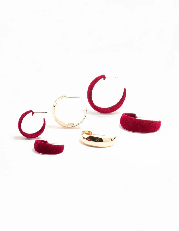 Stylish drop earrings with crystals-Red Velvet Fabric & Gold Earrings 3-Pack