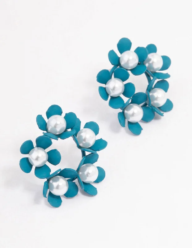 Simple silver stud earrings for women-Teal Flower & Pearl Circle Stud Earrings