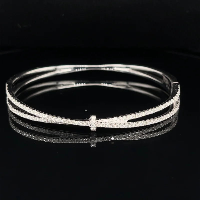 Classic pearl bracelets for women-Diamond Criss Cross XOXO Oval Bangle in 18k White Gold - (#200 - HGDIA000550)