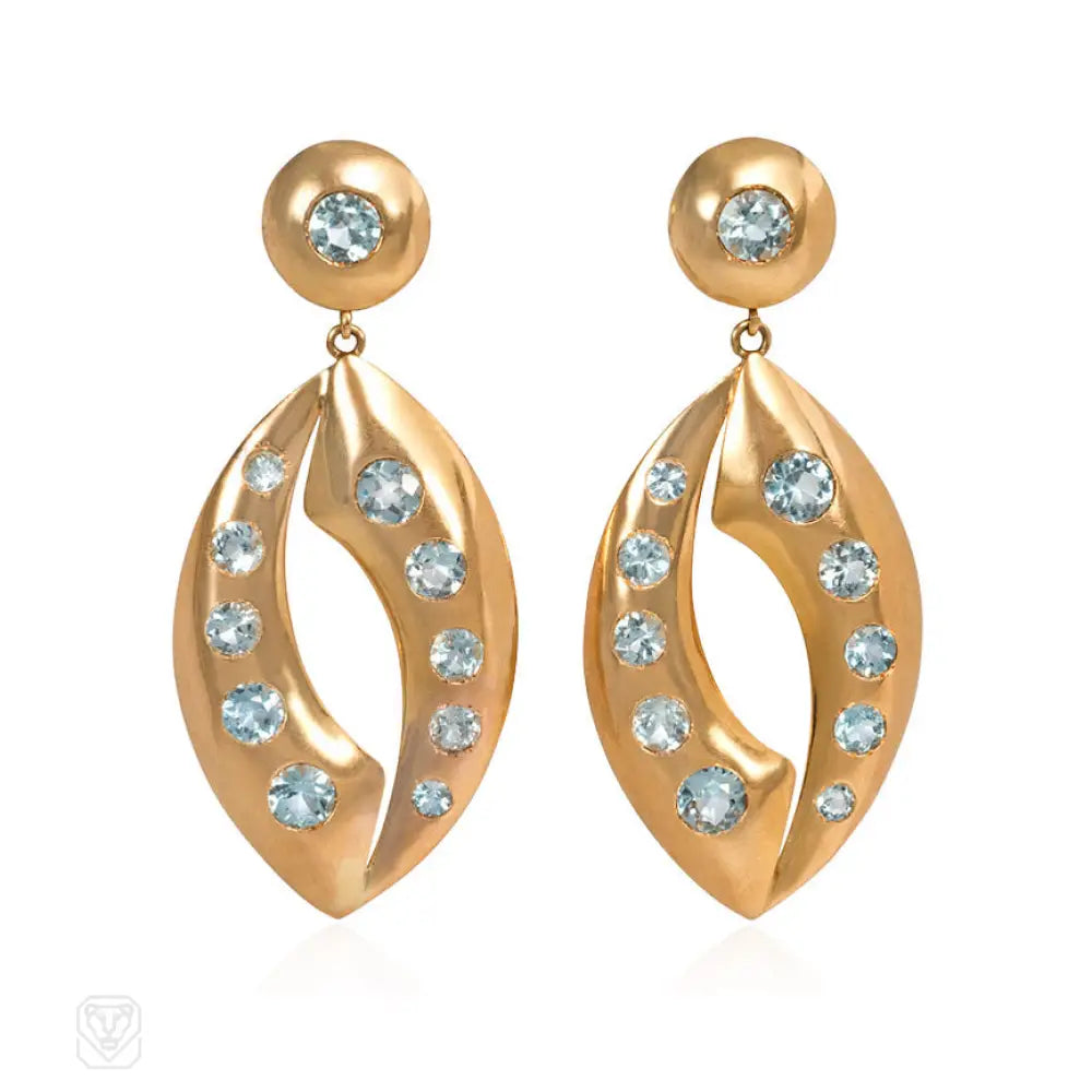 Trendy ear cuffs for women-Retro gold and aquamarine pendant earrings