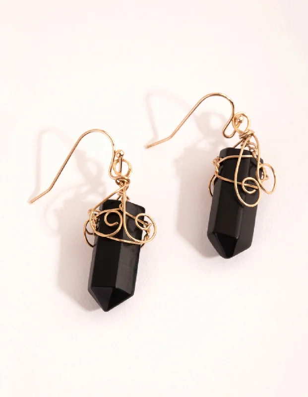 Gorgeous silver earrings with rubies-Gold Coil Wrapped Onyx Drop Earrings