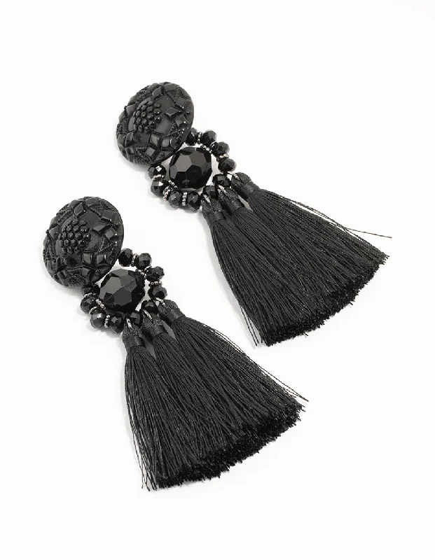 Unique earrings with topaz stones-Black Tassel Fabric Large Drop Earrings