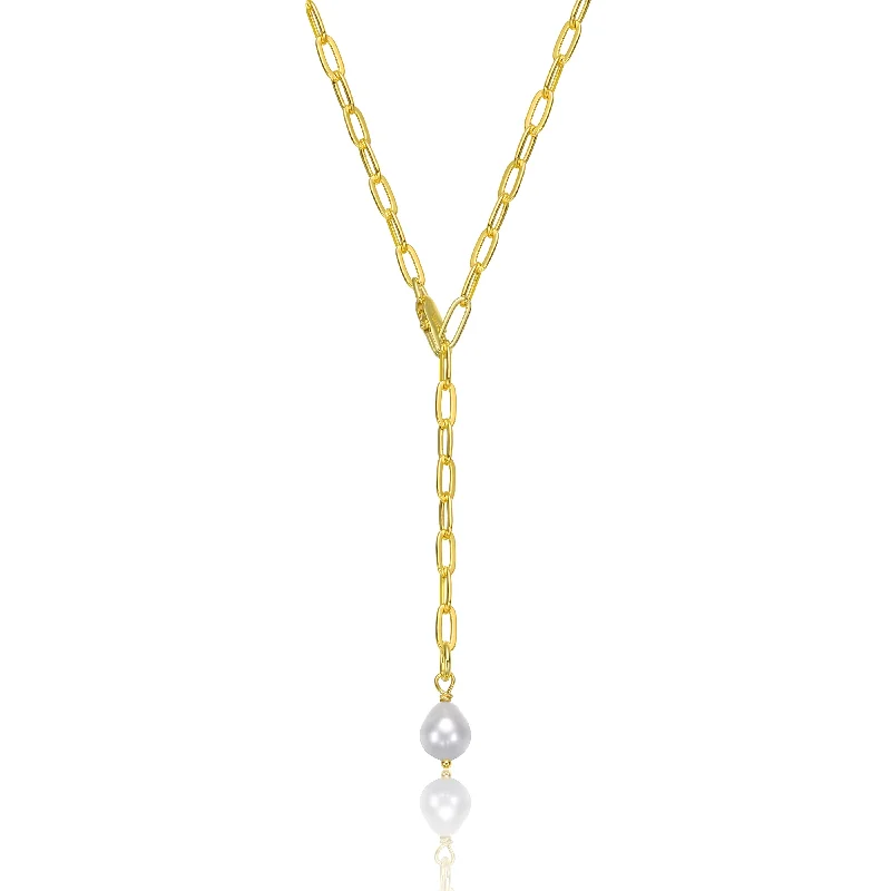 Beautiful necklaces with intricate patterns-Sterling Silver 14K Gold Plated with White Freshwater Pearl Y-Style Necklace