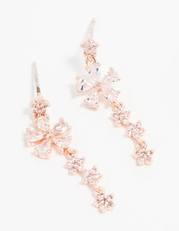 Elegant diamond drop earrings-Rose Gold Plated Cubic Zirconia Dainty Flower Drop Earrings