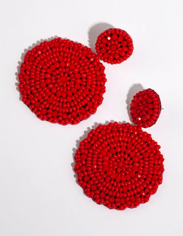 Classic diamond hoop earrings for women-Red Beaded Flat Circle Drop Earrings