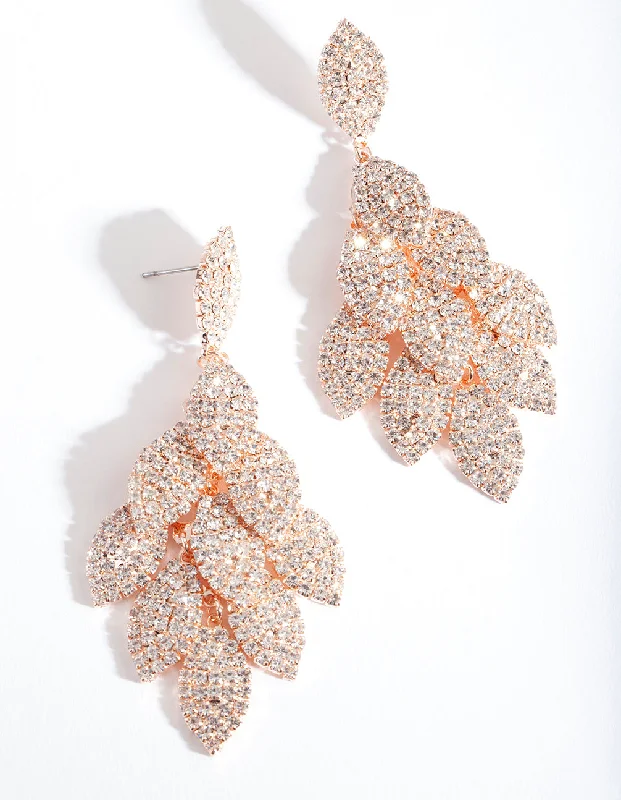 Elegant drop earrings with citrine-Rose Gold Diamante Multi Leaf Earrings