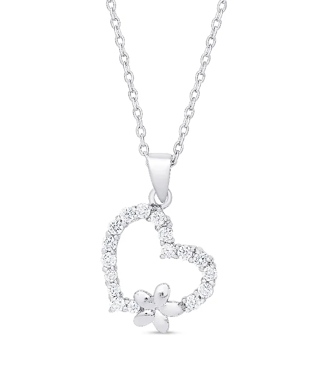 Designer necklaces for women-CZ Heart and Flower Pendant in Sterling Silver