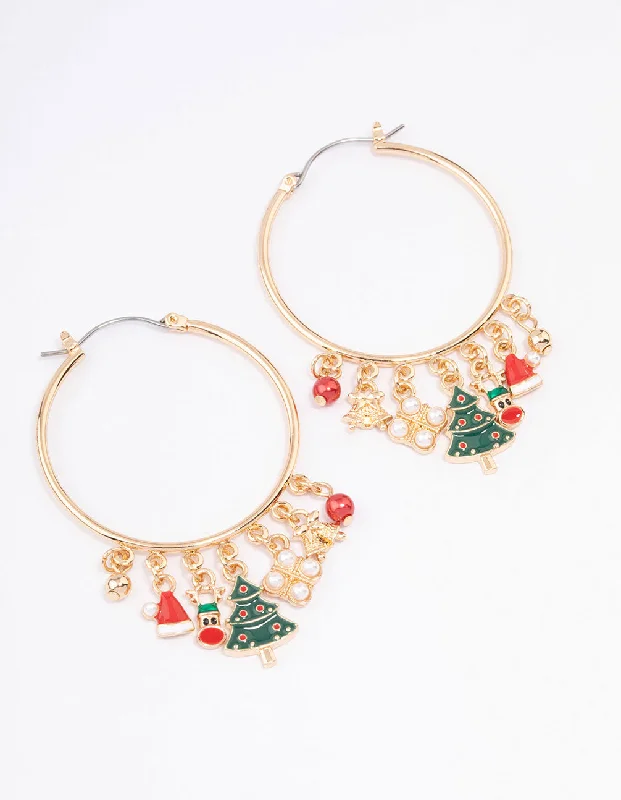 Stunning diamond stud earrings-Gold Tree & Santa Charm Hoop Earrings