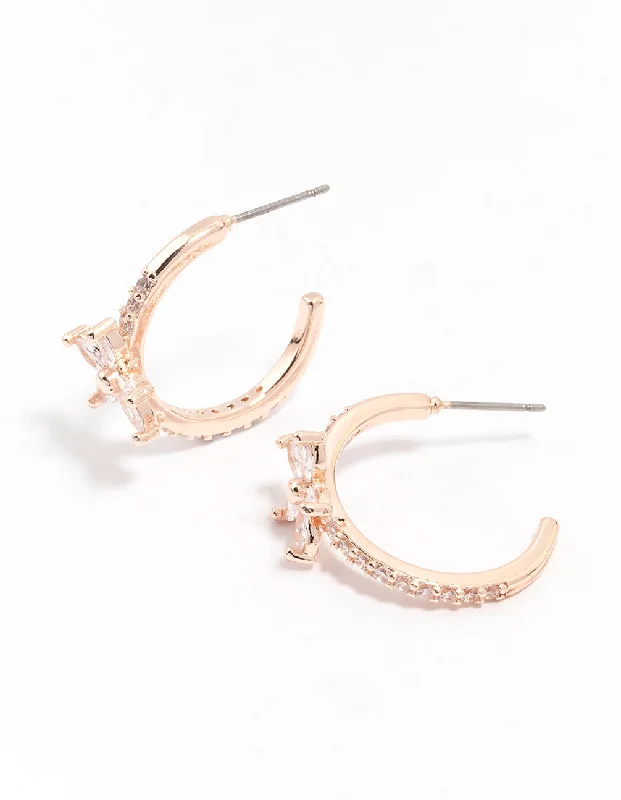 Statement earrings for women-Rose Gold Diamante Flower Hoop Earrings