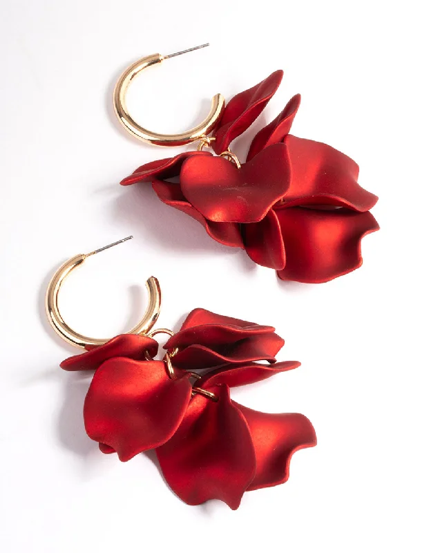 Custom earrings with heart-shaped stones-Red Coated Petal Huggie Earrings