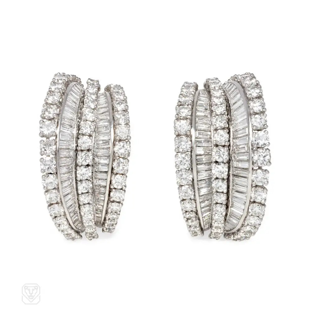 Classic silver earrings with gemstones-Retro diamond hoop earrings. Tiffany