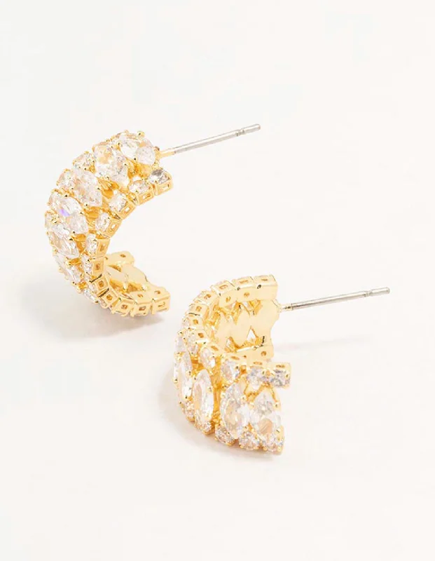 Elegant long earrings for women-Gold Plated Marquise Crescent Strap Hoop Earrings