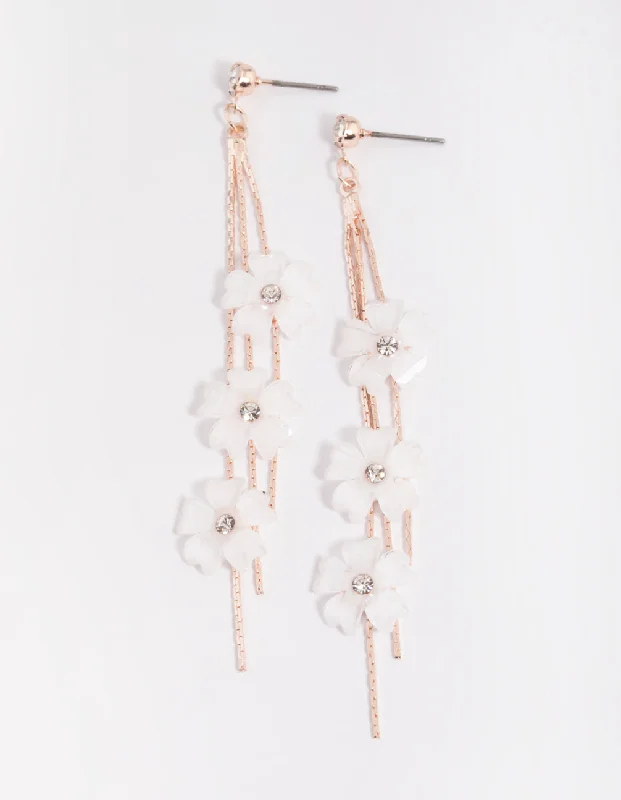 Chic earrings for formal events-Rose Gold White Flower Drop Earrings