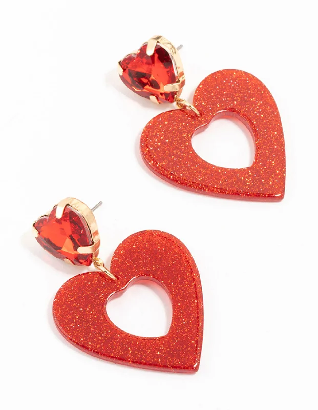 Gorgeous hoop earrings with diamonds-Red Diamante Glitter Gold Heart Drop Earrings