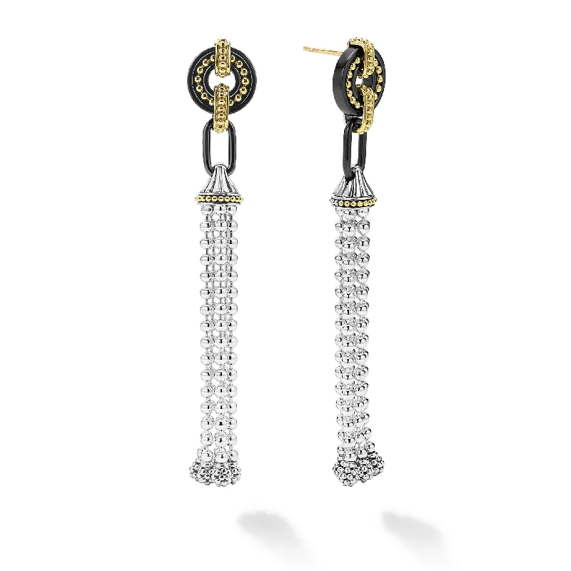 Stunning earrings with aquamarine-Black Caviar Two-Tone Black Ceramic Tassel Earrings