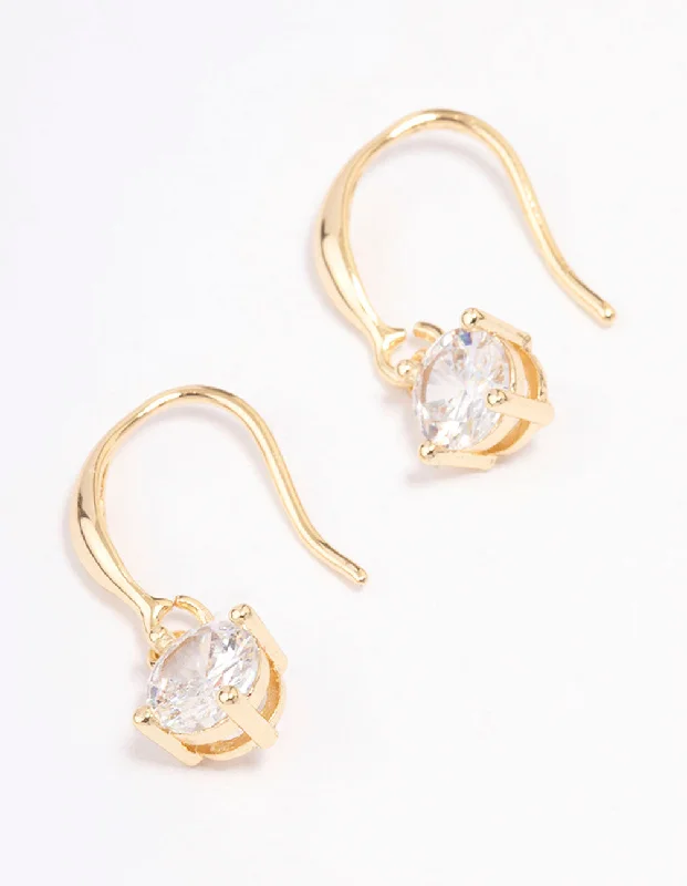 Unique earrings with freshwater pearls-Gold Plated Cubic Zirconia Solitaire Hook Drop Earrings