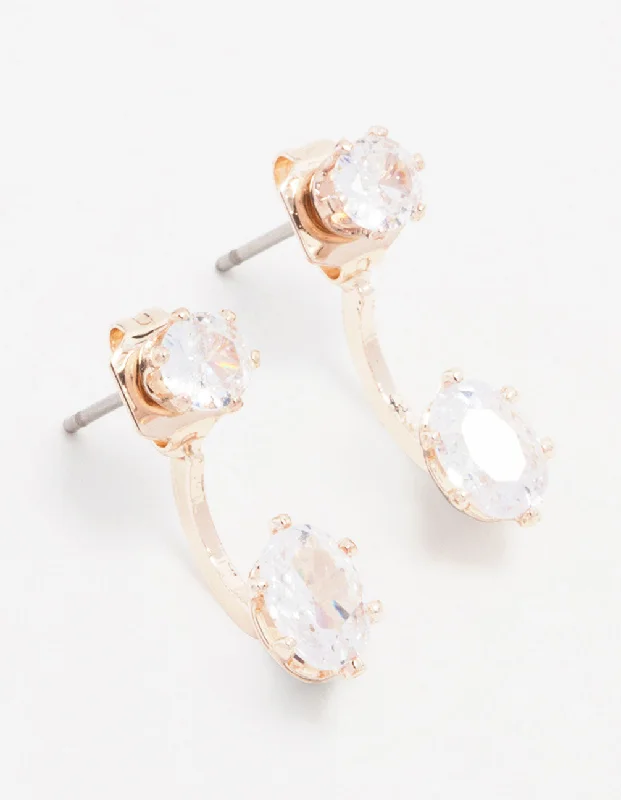 Elegant diamond earrings with gold settings-Rose Gold Plated Cubic Zirconia Round Stone Jacket Earrings