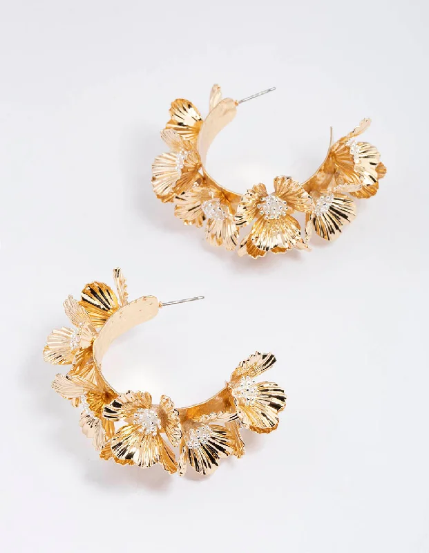 Gorgeous earrings with black pearls-Gold Statement Floral Peral Hoop Earrings