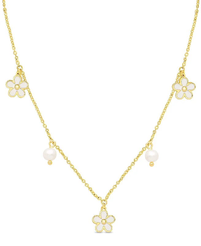 Modern necklaces with sleek designs-Flower and Freshwater Pearl Charms Necklace (White)