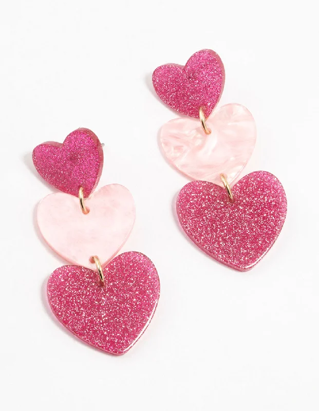 Elegant drop earrings with sapphires-Triple Pink Acrylic Glitter Heart Drop Earrings