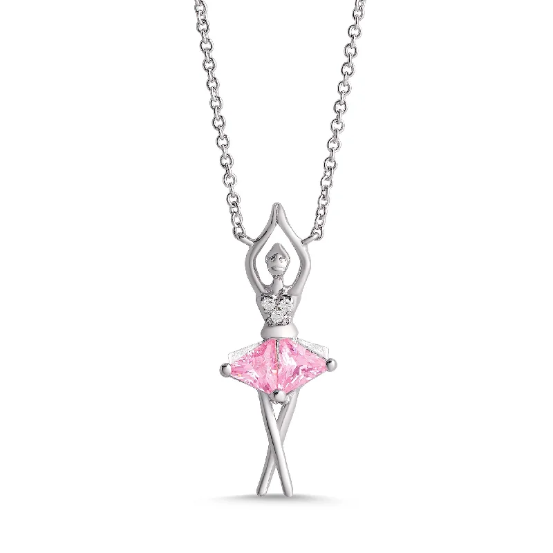 Personalized necklaces for special gifts-Pink & White CZ Ballerina Necklace in Sterling Silver