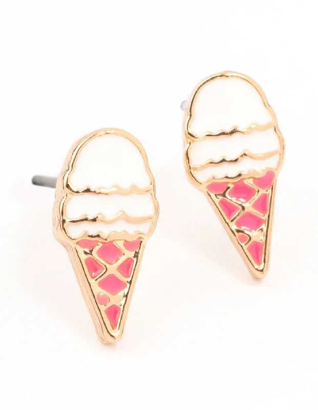 Statement earrings with crystals-Gold Ice Cream Stud Earrings