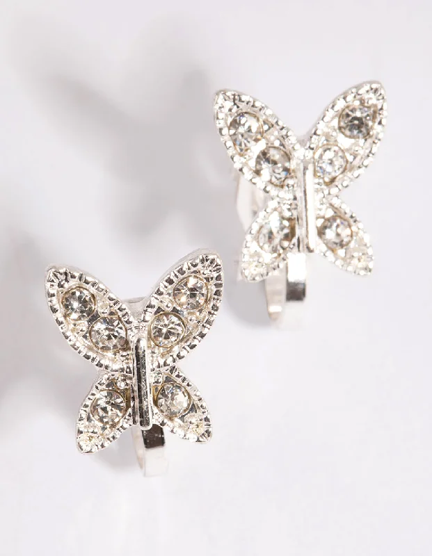 Classic diamond hoop earrings for women-Silver Diamante Butterfly Clip On Earrings