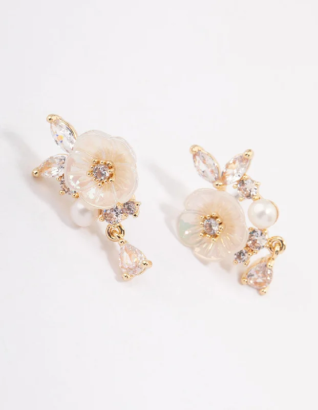 Unique earrings with black diamonds-Gold Plated Cubic Zirconia Floral Detailed Pearl Earrings