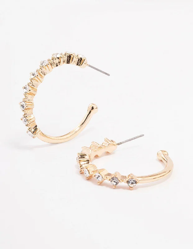 Trendy earrings with tassels-Gold Encased Round Diamante Hoop Earrings