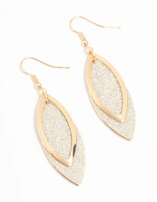 Elegant earrings with ruby accents-Glittery Leaf Gold Drop Earrings