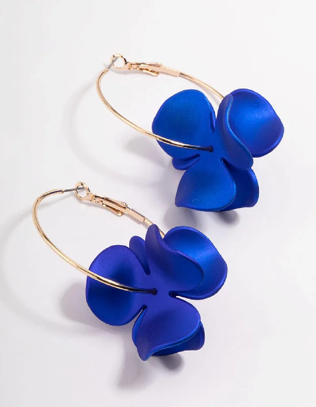 Chic earrings for evening events-Gold Pealised Blue Flower Hoop Earrings