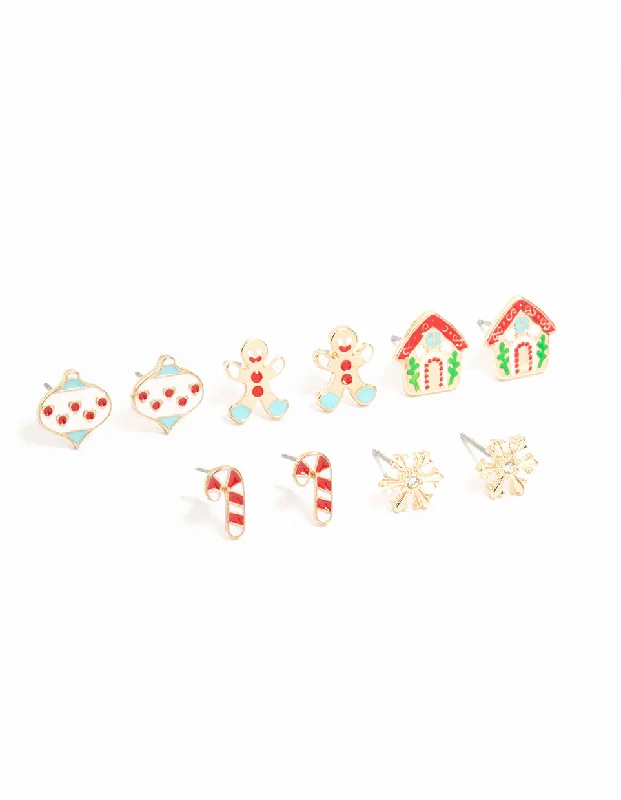 Stylish diamond earrings for women-Gingerbread House & Candy Cane Stud Earrings 5-Pack