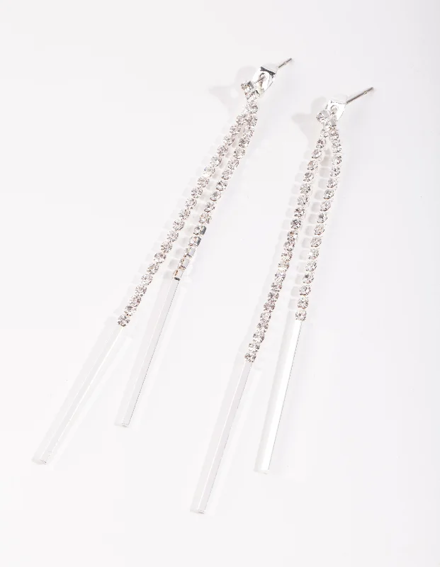 Classic hoop earrings for women-Silver Diamante Cup Chain Drop Earrings