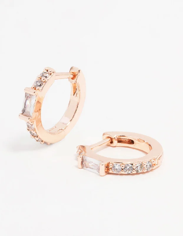 Custom-made earrings with initials-Rose Gold Plated Cubic Zirconia Mini Baguette Pave Huggie Earrings