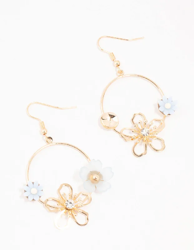 Statement earrings with crystals-Gold Acrylic Blue Flower Round Drop Earrings