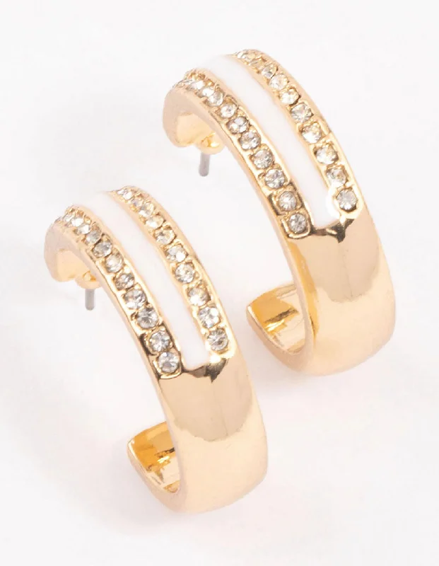 Affordable earrings for evening wear-Gold Diamante & Enamel Stripe Hoop Earrings