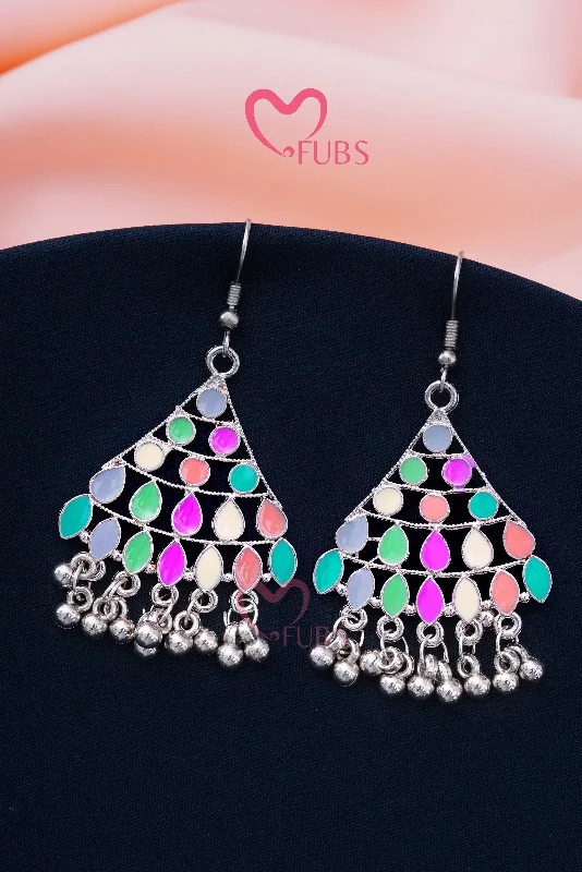 Gorgeous earrings with black pearls-Colorful Triangle Ghungroo Hook Earrings